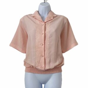 Vintage Yves St. Clair Peach Embroidered Button-Up Blouse w Shoulder Pads Sz 8